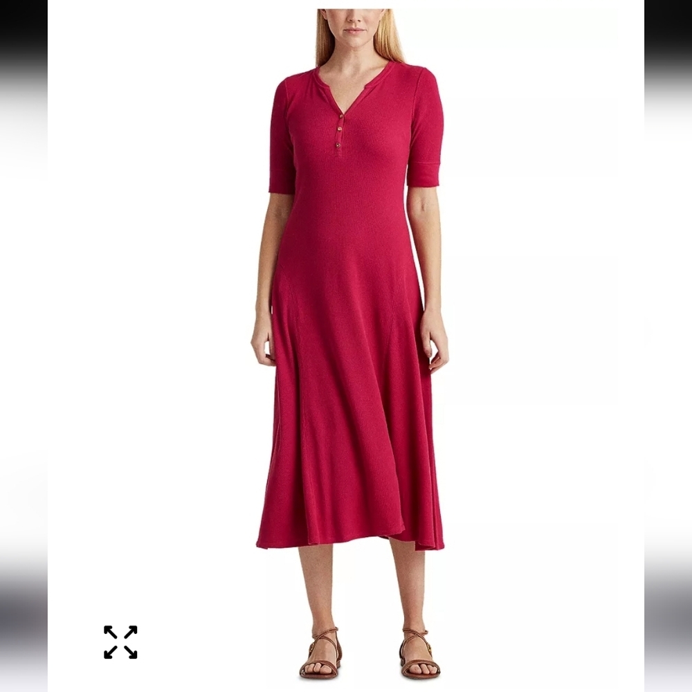 Lauren Ralph Lauren Red Cotton Henley Fit-and-Flare Midi Dress M